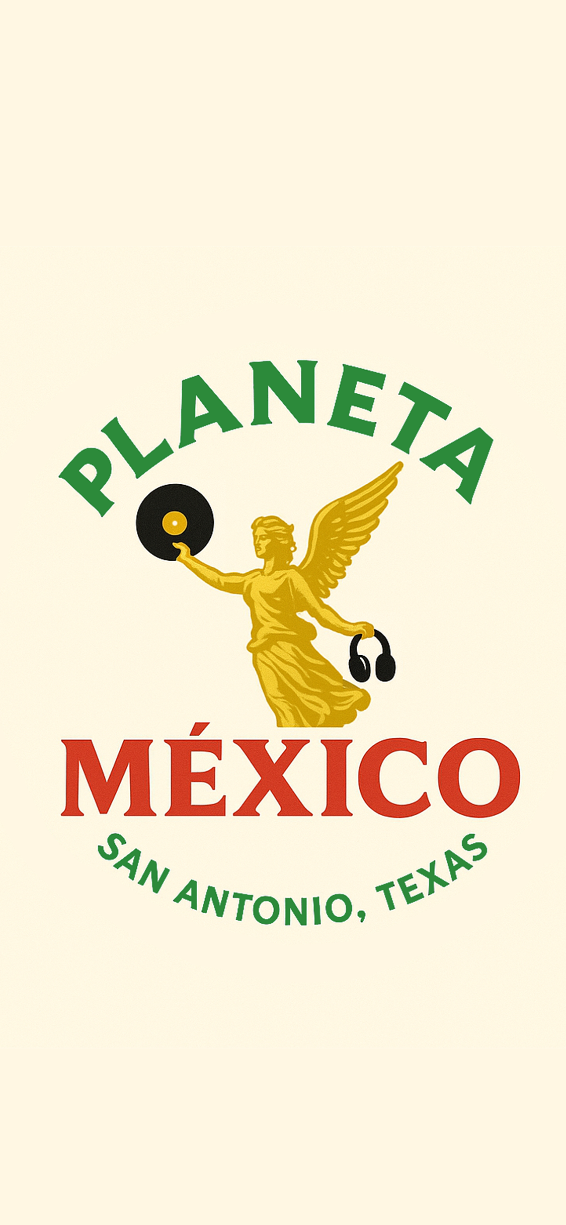Planeta México emblem — Ángel de la Independencia sosteniendo un vinilo y audífonos